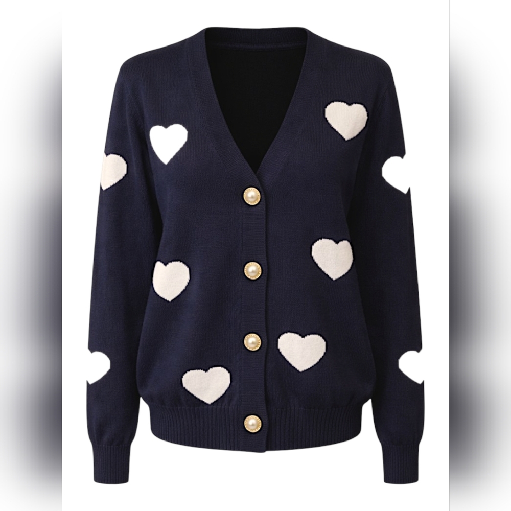 Nanette Lepore Heart Print Cardigan Black White Pearl Button XL Romantic Chic